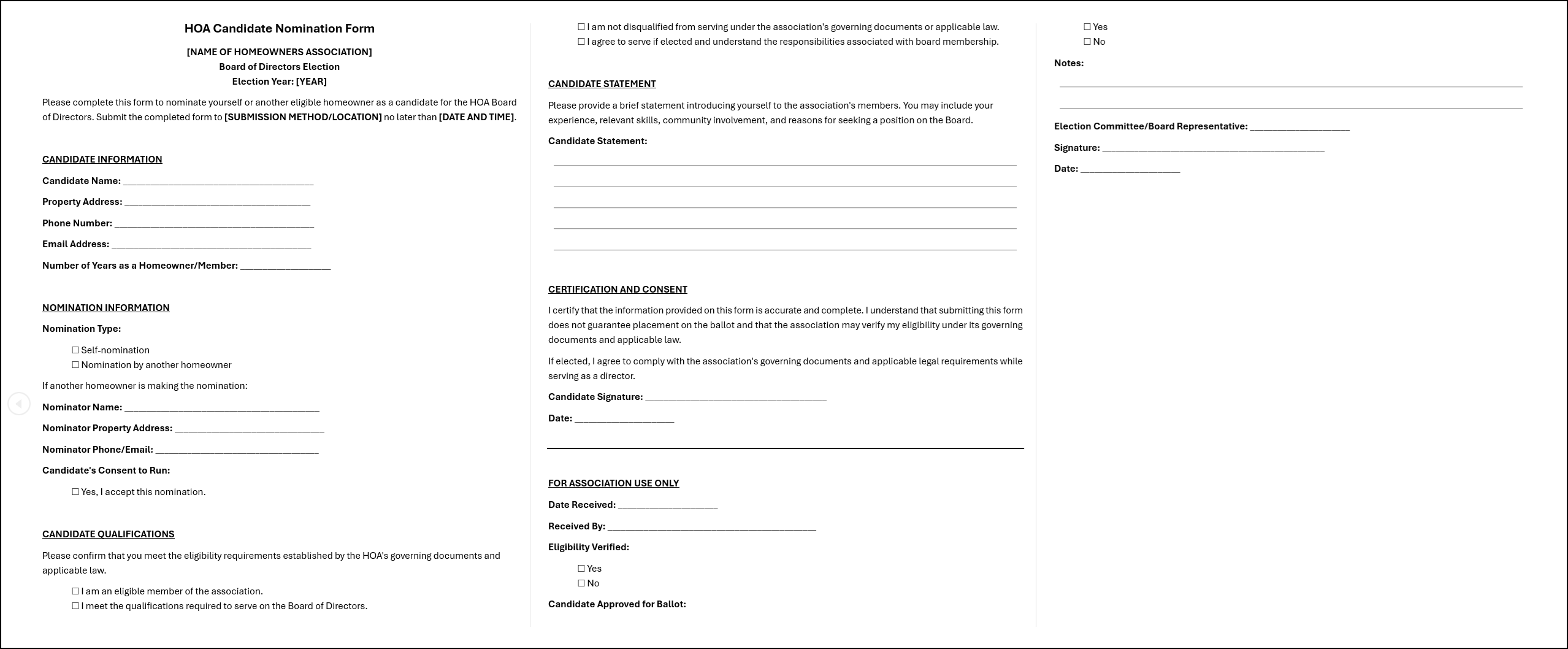 sample hoa candidate nomination form